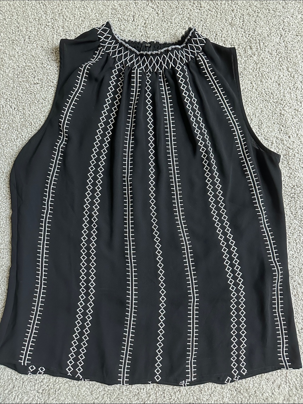 WHBM Black Sleeveless Embroidered Mock-Neck blouse